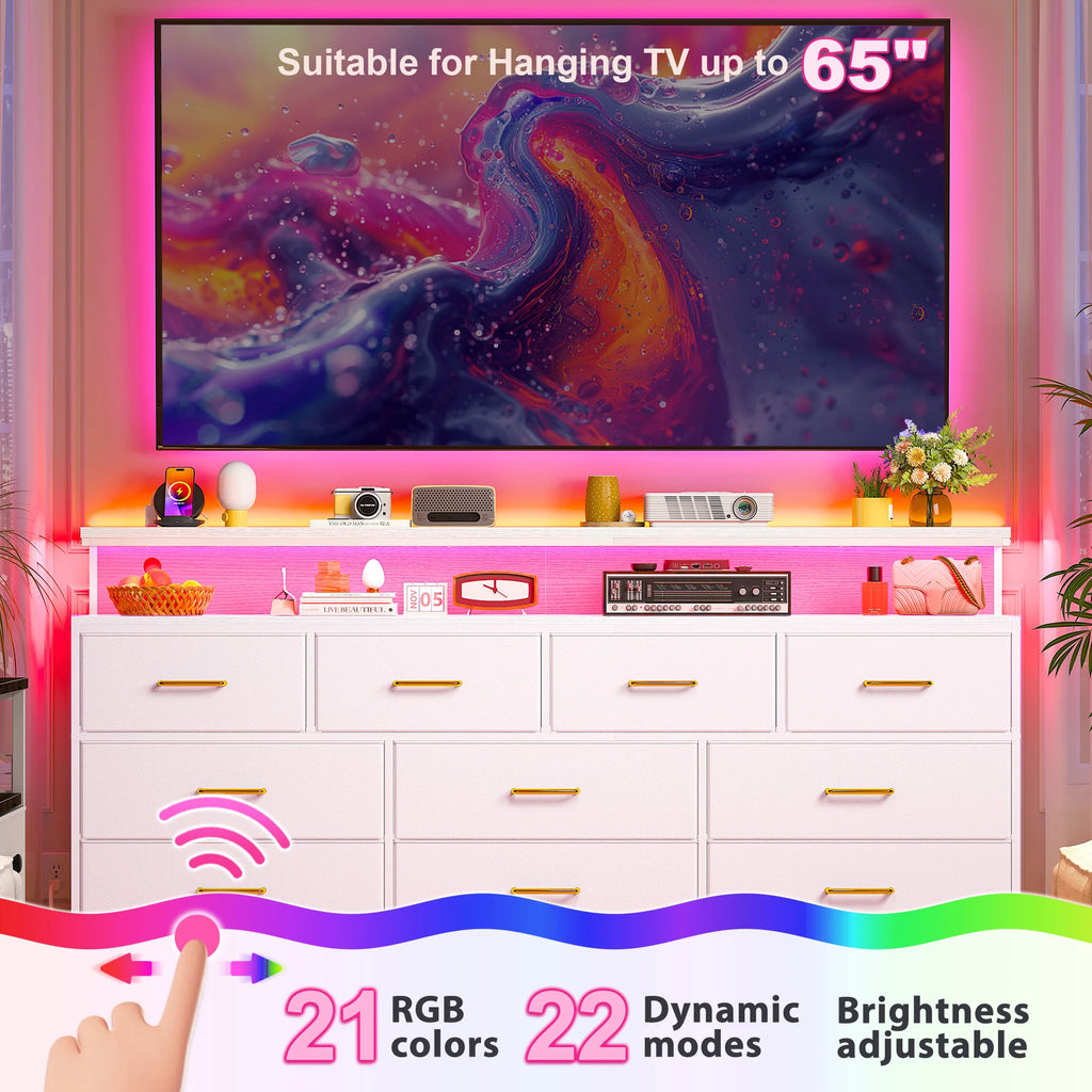 55" Wide Smart Dresser with LED Lights & Power Outlets – 10 Fabric-Drawer Storage & Metal Frame for Bedroom Organization