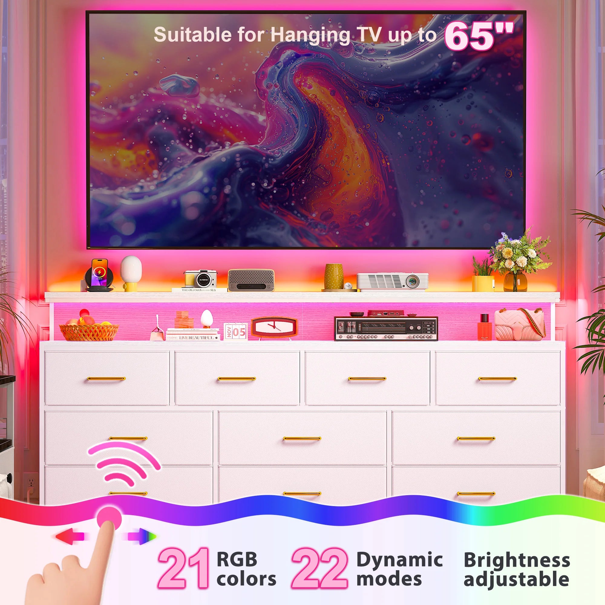 55" Wide Smart Dresser with LED Lights & Power Outlets – 10 Fabric-Drawer Storage & Metal Frame for Bedroom Organization