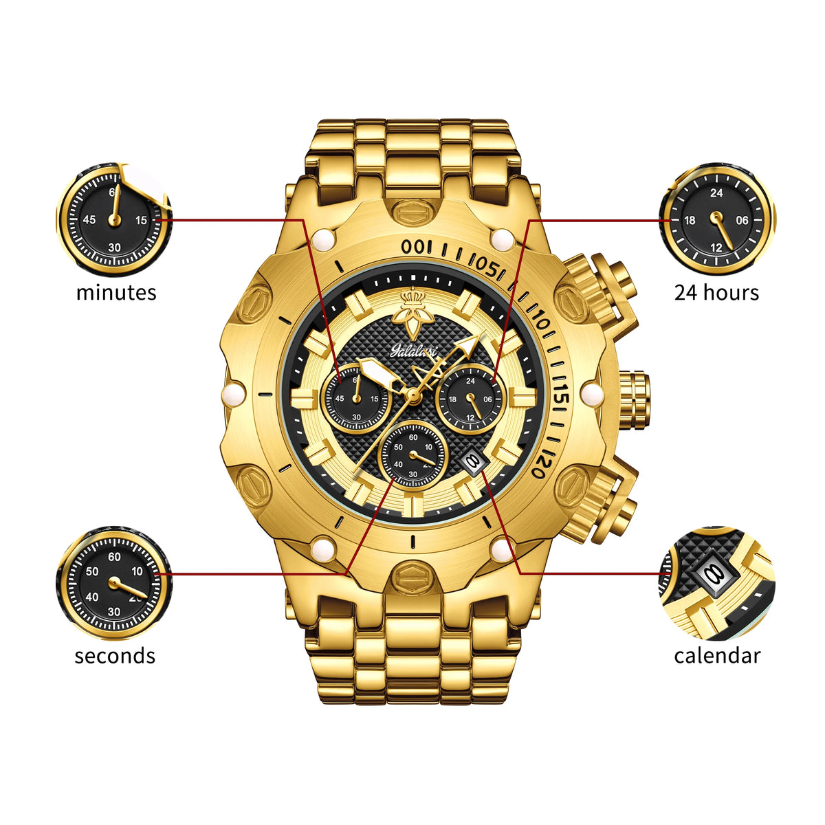 YaLaLuSi Women's Fashion Sport Watch Men's Gold Strap Luxury Waterproof Multifunctional Atmospheric Dial Gift Box Free Shipping