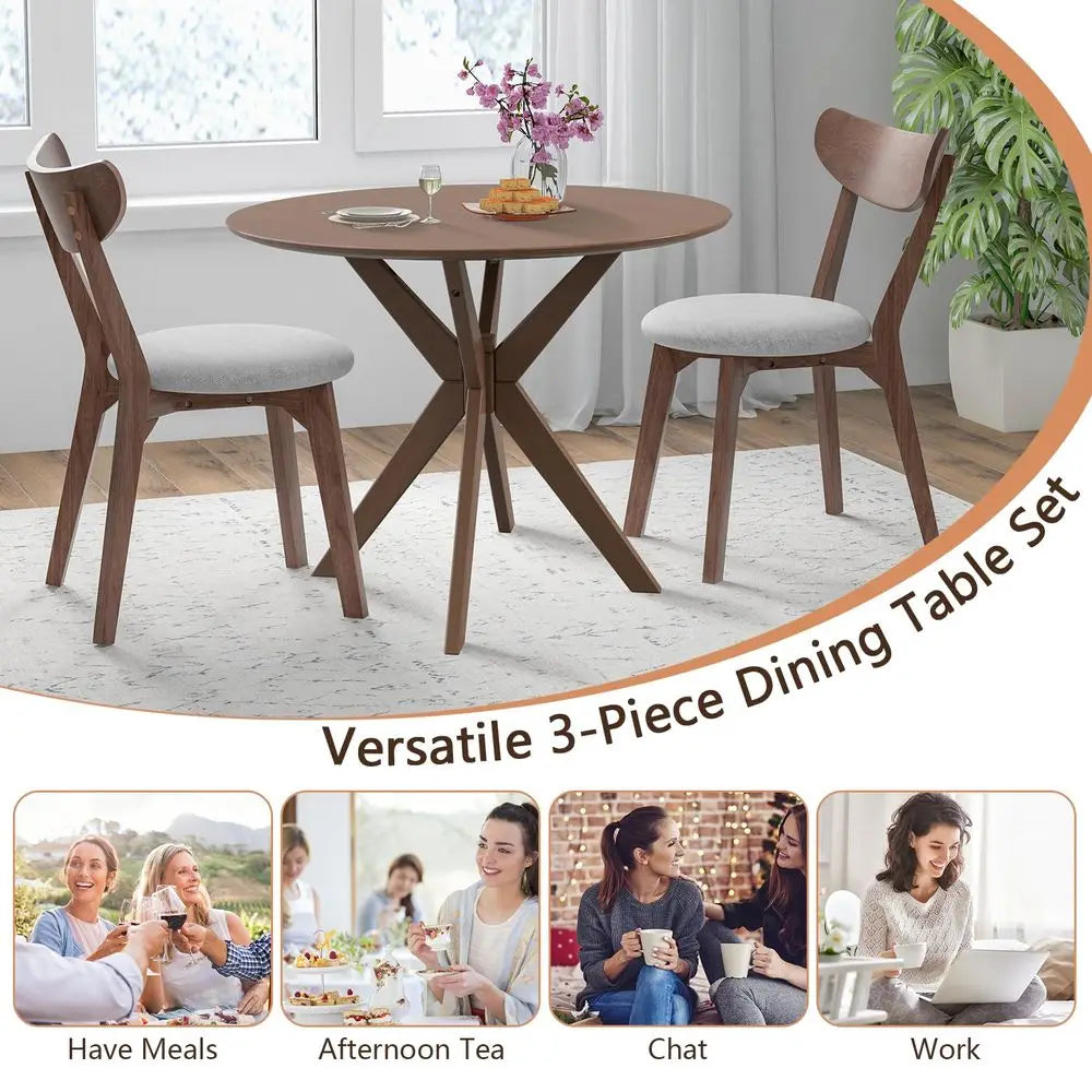 MidCentury Modern Round Dining Table Set for 2, Wooden Kitchen Table amp 2 Chairs with Cushioned Seats, Compact 3Piece Dining Se