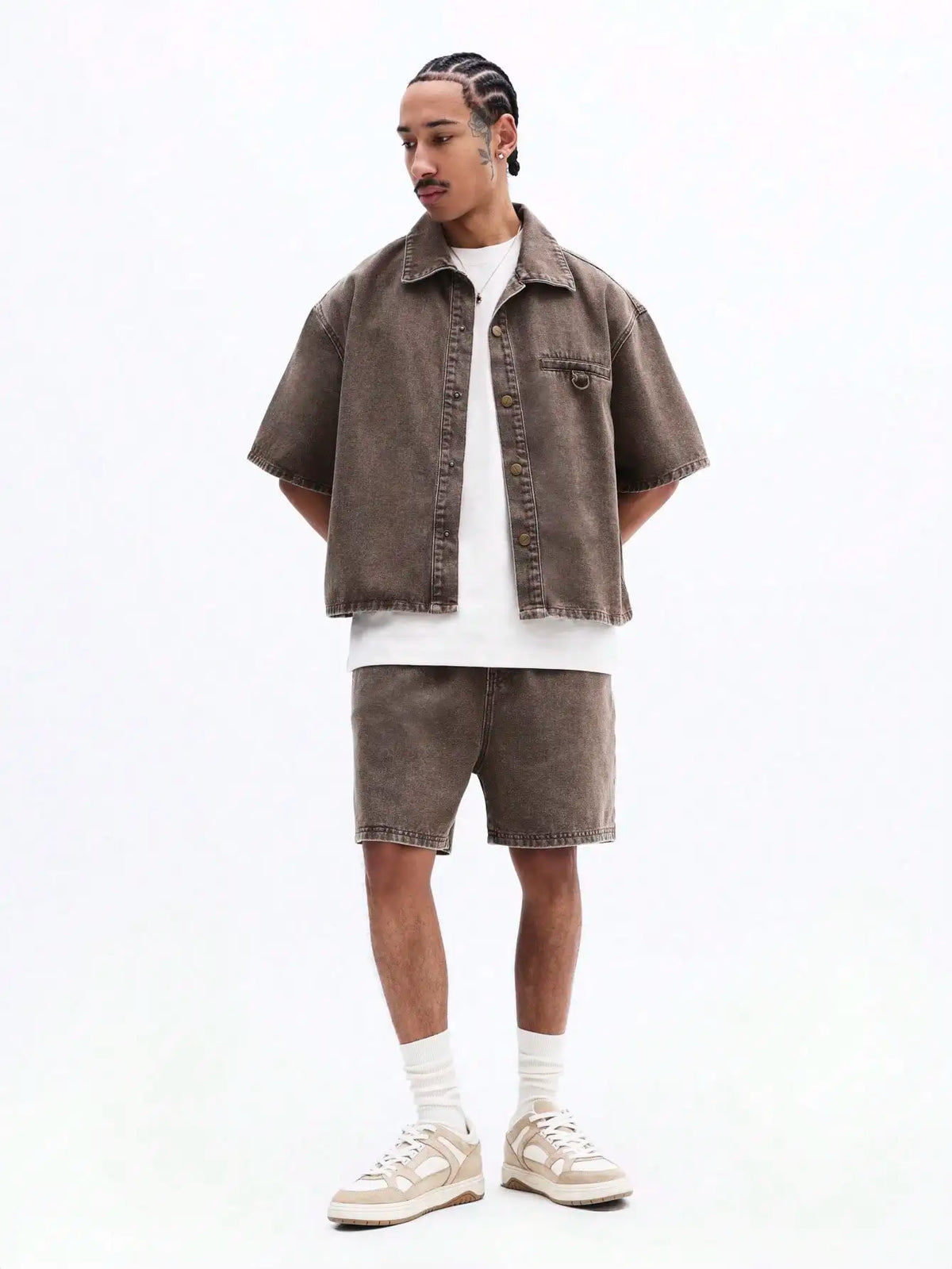 Oversized Denim Shorts Set Short Sleeve Button Up Vintage Washed Brown Taupe Relaxed Fit Summer Casual