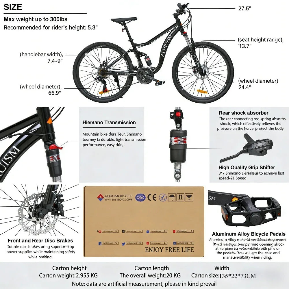 ALTRUISM H6 26" Mountain Bike – Full Suspension MTB with 21-Speed Shimano Gears & Disc Brakes for Adults