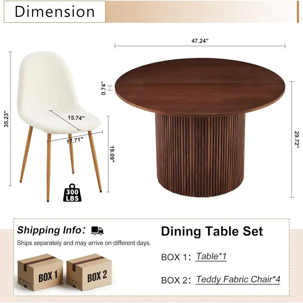 47 Inch Round Wooden Dining Table Set with 4 White Chairs for Space-Efficient Dining