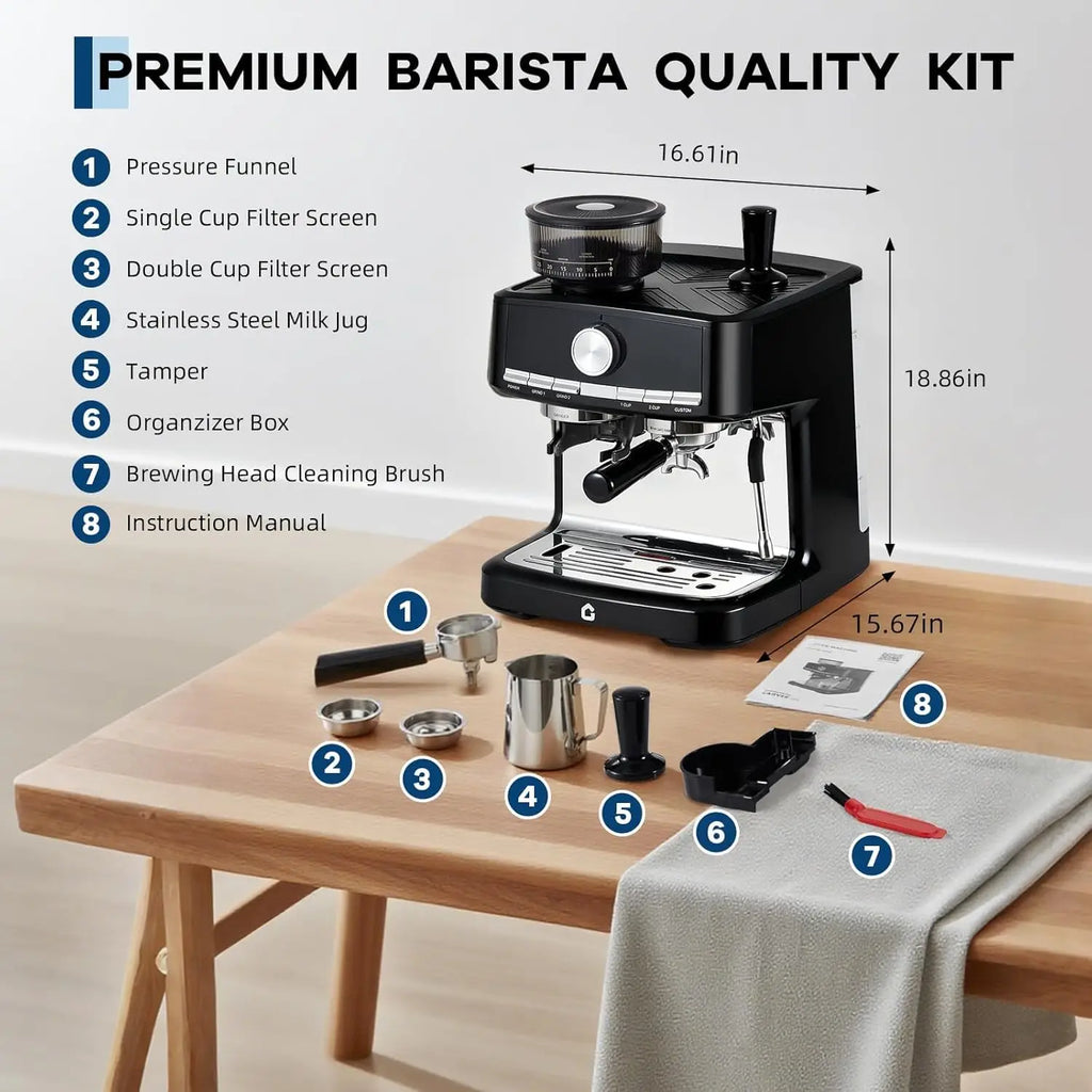 20 Bar Espresso Machine With Grinder Milk Frother 1.5L Coffee Maker 30 Grind Settings Automatic Steam Wand Home Barista