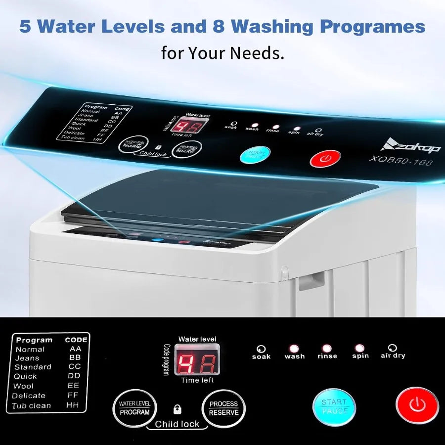 Full Automatic Washing Machine 17.8Lbs Top Load Portable Washer with Drain Pump 8 Wash Programs 5 Water Levels 2 in 1 Washer an
