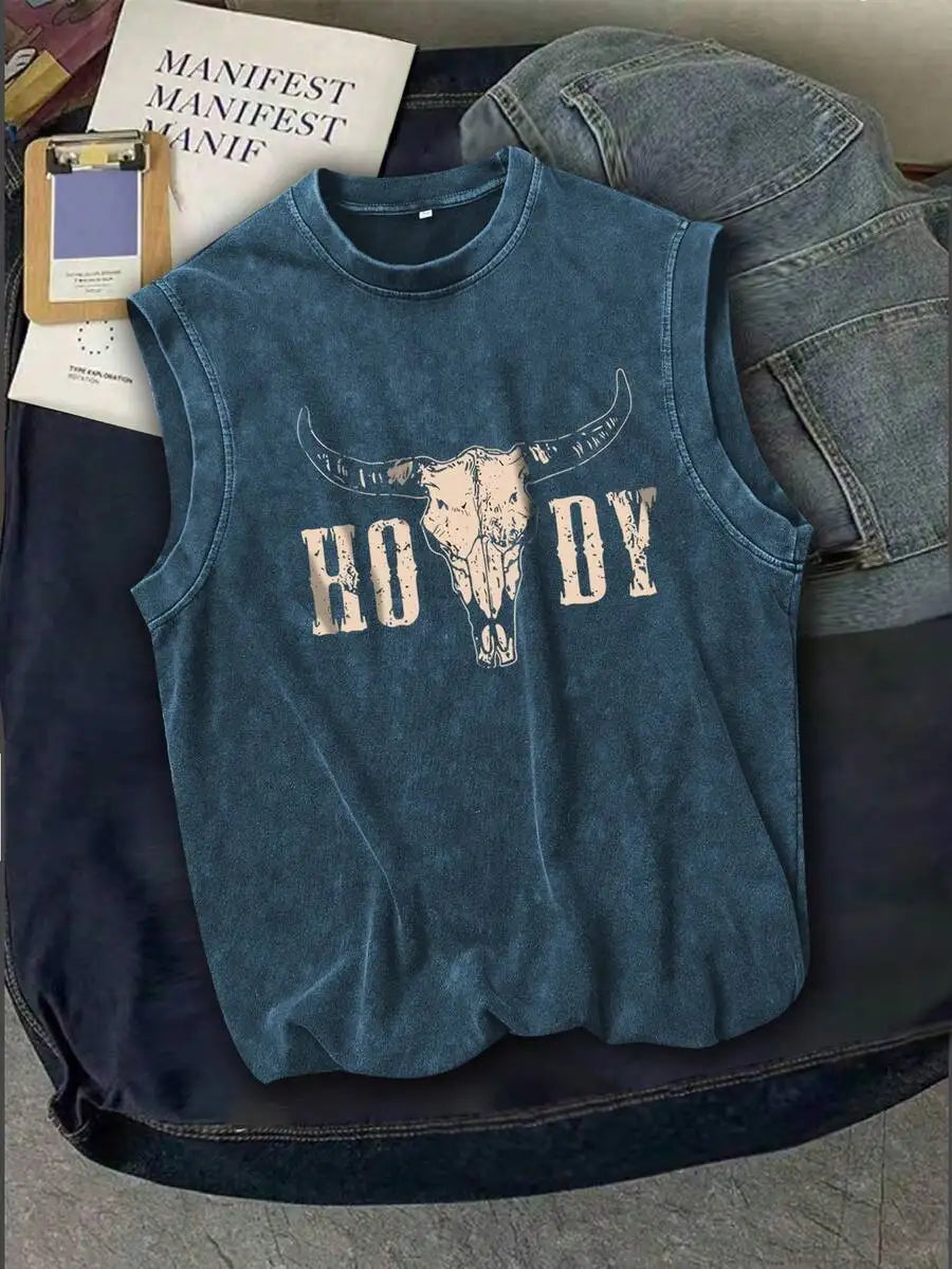 Men's Washed Vintage Sleeveless Tank Top with Distressed Bull Skull Graphic