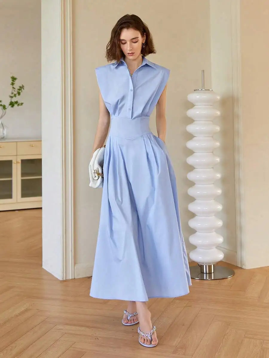 Women's Light Blue Sleeveless Collared Midi Dress, A-Line Fit, Elegant Business Casual Style