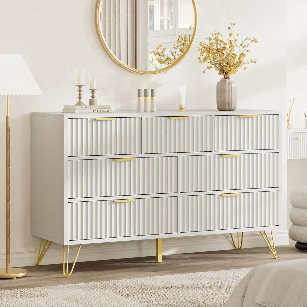 Fluted Dresser for Bedroom, White 7 Drawer Dresser with Gold Handles and Wide Drawers, Wood Chest of Drawers for Bedroom, Hallwa