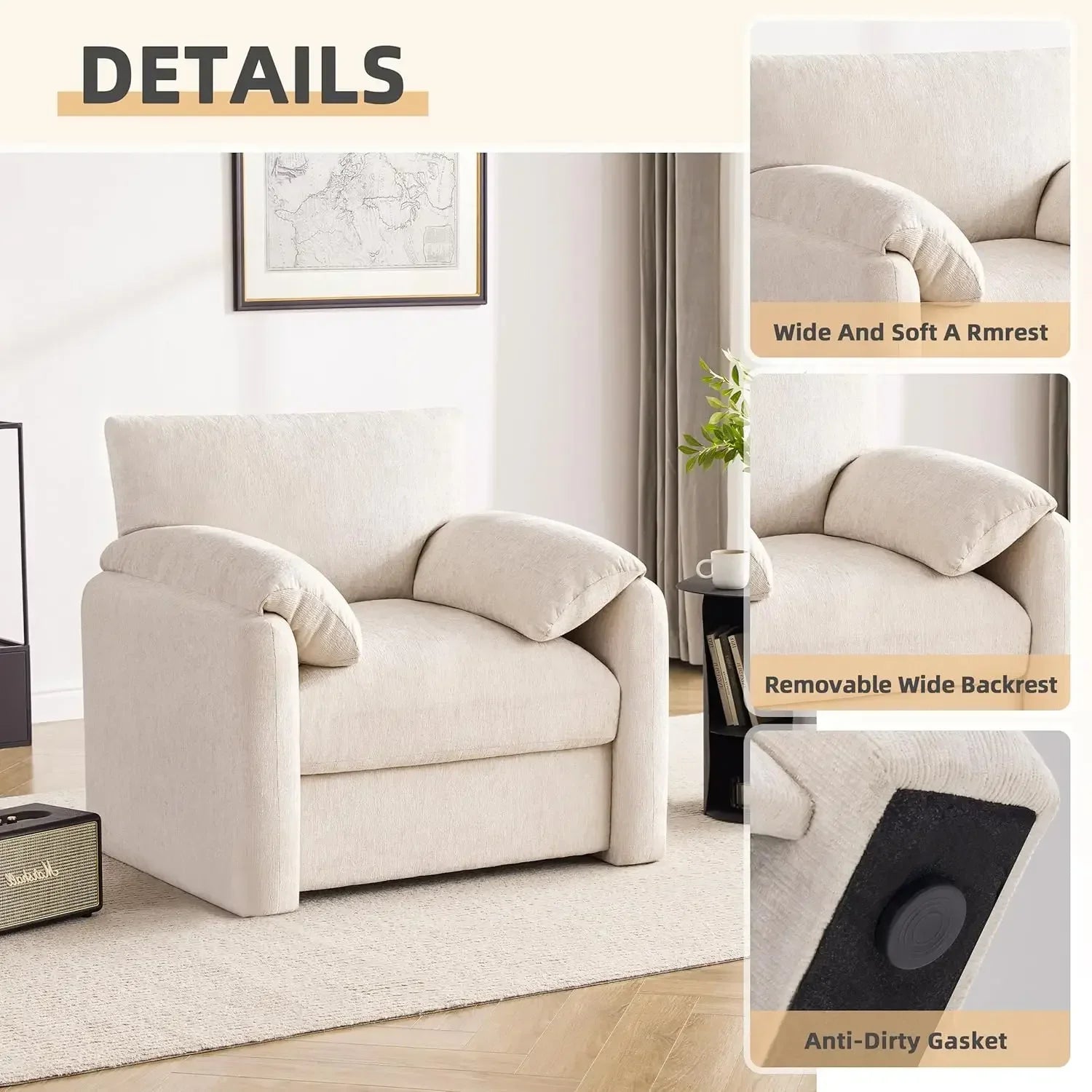 Chenille Oversized Armchair, 38.6" Wide Accent Chairs for Living Room & Bedroom Modern Lounge Chair, Upholstered Mid-Century Rea