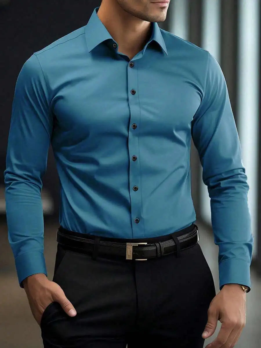 Men's Solid Cream Slim Fit Long Sleeve Button-Down Shirt for Business Casual Wear
