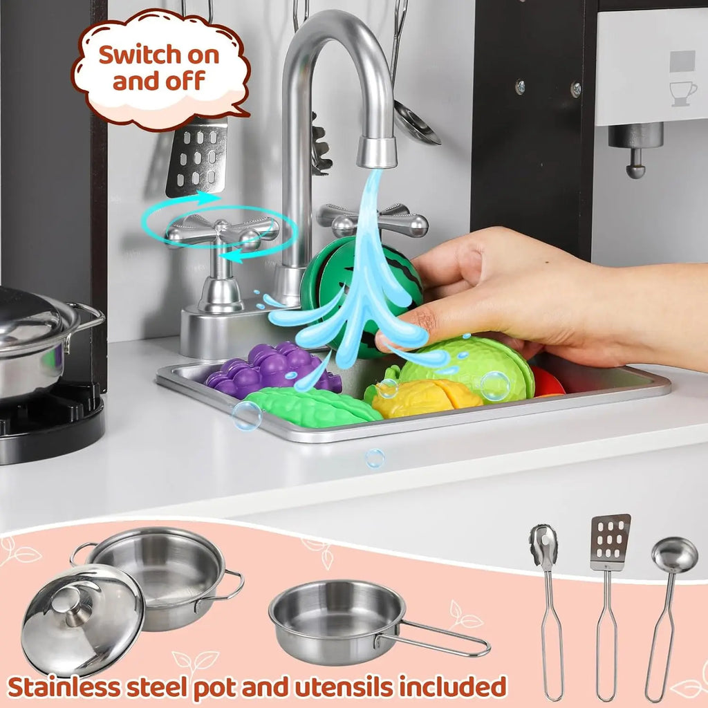 Kids Play Kitchen, Wooden Pretend Toy Kitchen, Toodler Cooking Playset, Stove w/Light & Sound, Sink, Microwave, 2 Fabric Boxs, D