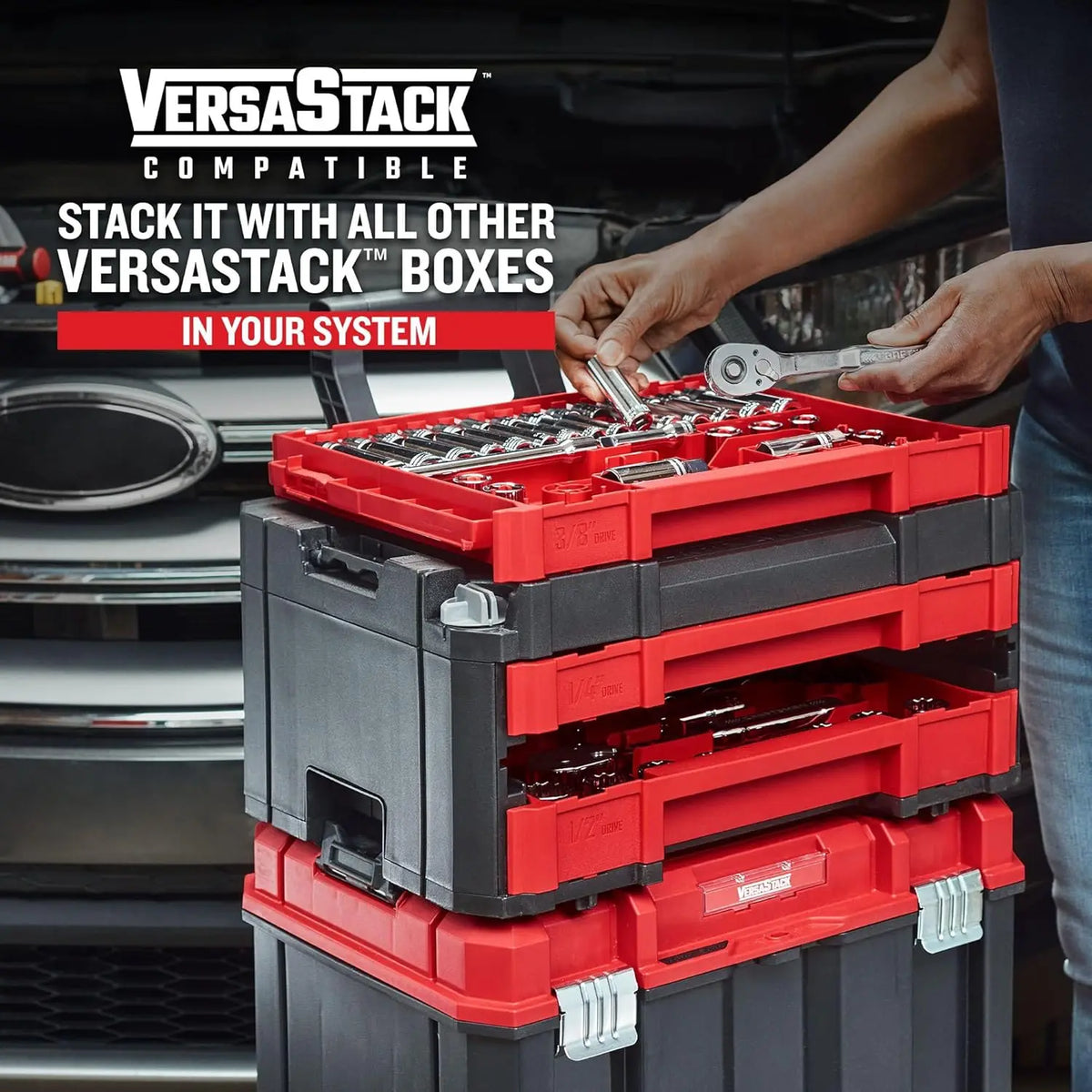 230 Pcs Professional Mechanics Tool Set with Socket Wrench, Car Kit, SAE/Metric Sizes in Versastack Toolbox