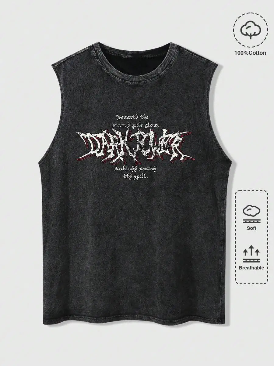 Men's Distressed Acid-Wash Sleeveless Tank Top with Gothic Graphic Print, Soft Cotton, Summer Casual Wear