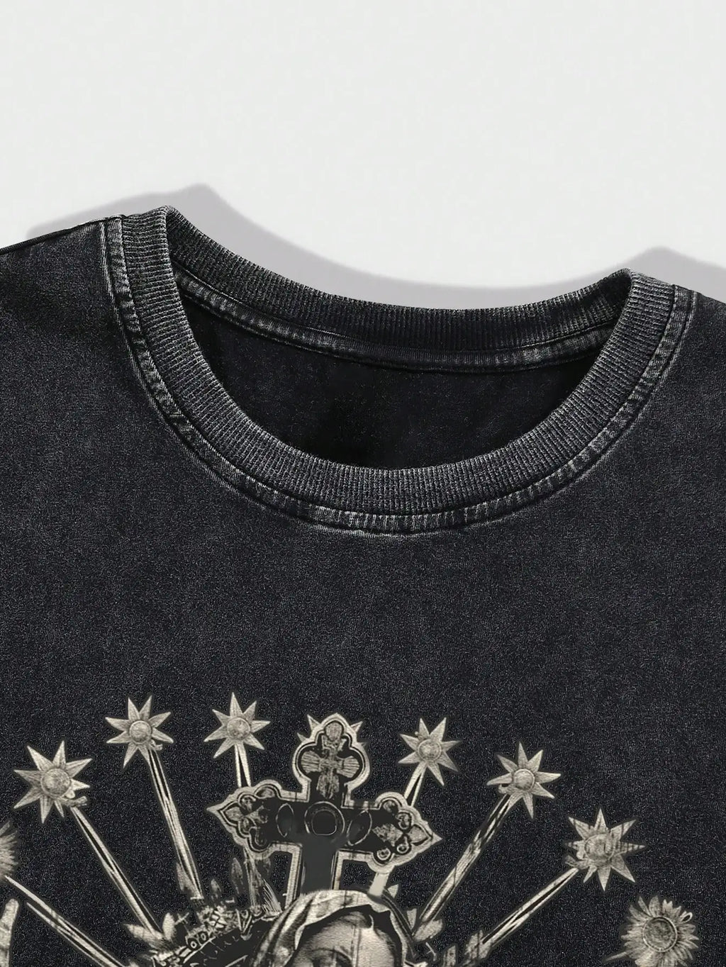 Men's Distressed Acid Wash Sleeveless Tank Top with Gothic Religious Graphic Print
