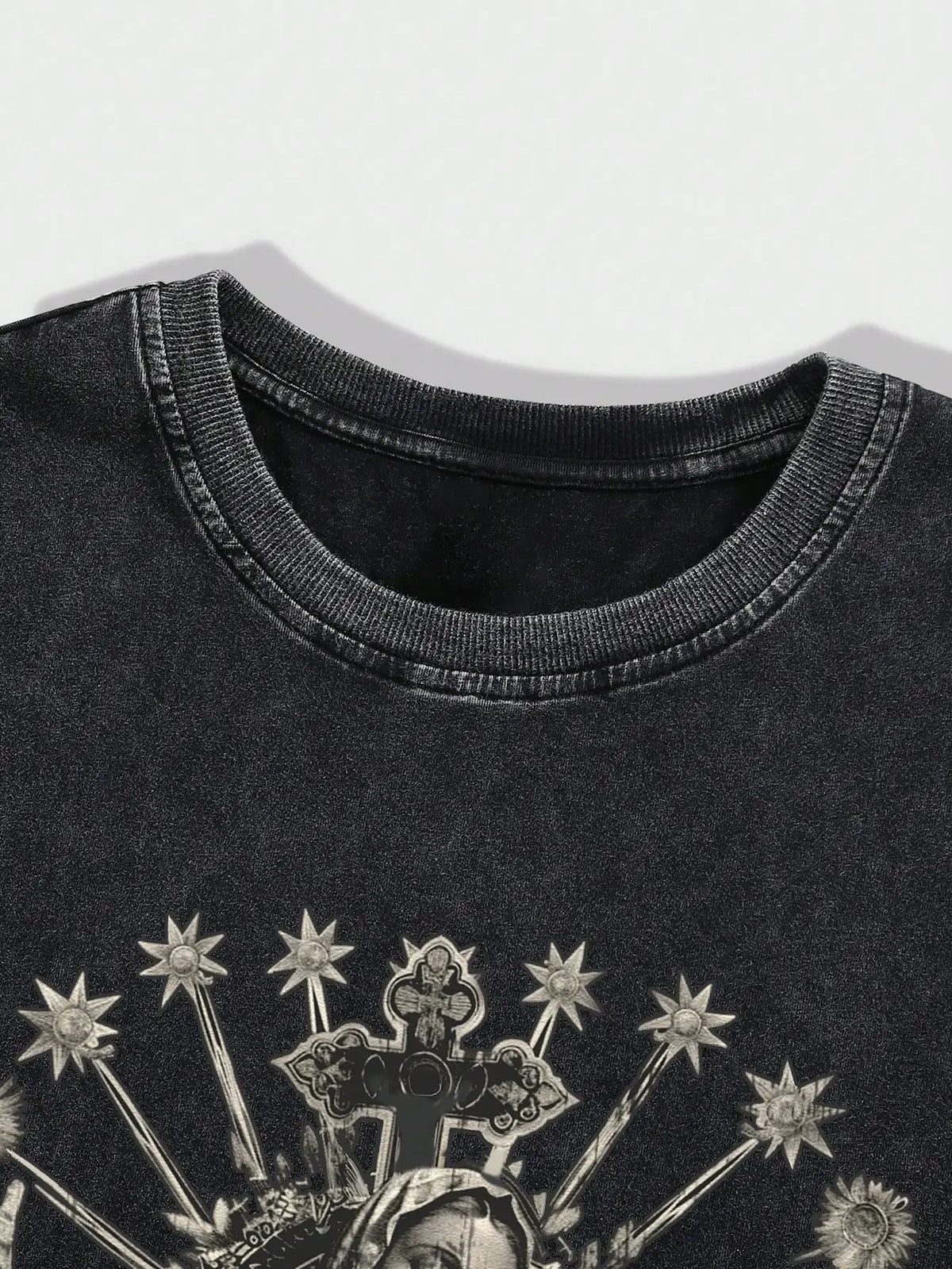Men's Distressed Acid Wash Sleeveless Tank Top with Gothic Religious Graphic Print