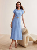 Linen Solid Color Floral Belted Midi Dress Summer Elegant Outfit