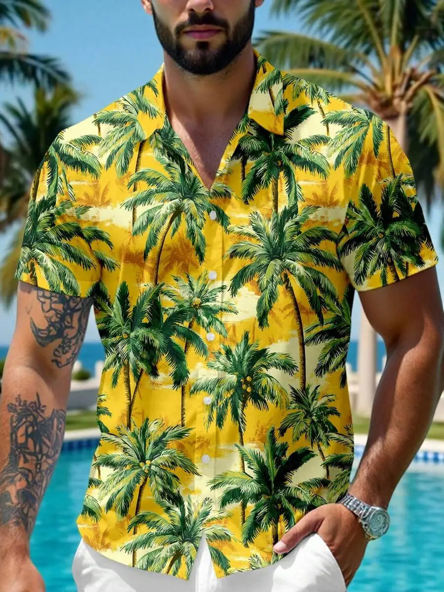 Men's Short Sleeve Collared Shirt with Tropical Floral Print, Casual Vacation Style