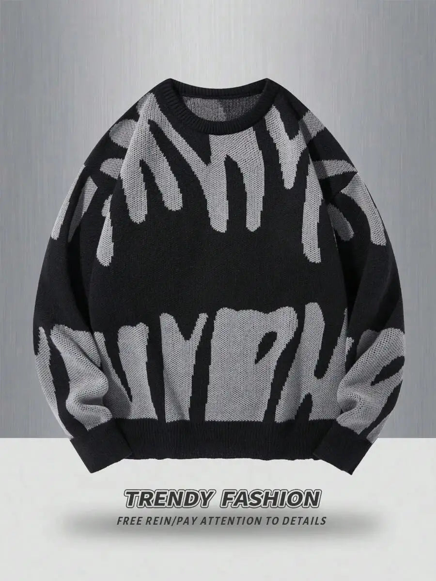 Men's Oversized Graphic Knit Sweater with Bold Black Pattern, Fall Winter Casual Wear