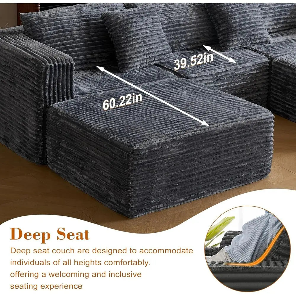 Gray 110 Corduroy Sectional Sofa with 2 Ottomans, Convertible Cloud Couch, Deep Seating, Memory Foam Living Room Furniture, No A