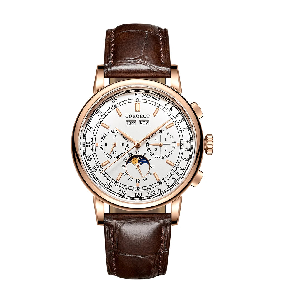Corgeut 42mm Automatic Men's Watch Date Day Month Year Rose Gold Dial Multifunction 316L Leather Strap Polished Case Day Night