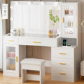 49.2 Large White Vanity Desk with Mirror, Lights, Glass Top, Stool, Makeup Desk with Power Outlet, 5 Drawers, Nightstand for Bed