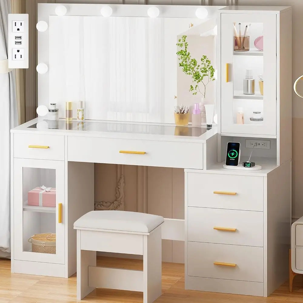 49.2 Large White Vanity Desk with Mirror, Lights, Glass Top, Stool, Makeup Desk with Power Outlet, 5 Drawers, Nightstand for Bed