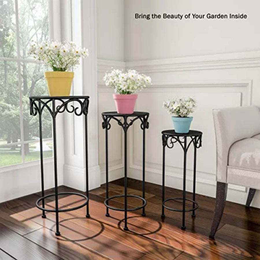 Plant Stand 3-Tier Vertical Shelf Indoor or Outdoor Folding Wrought Iron Home Garden Display with Laser Cut Shelves Antique Whi