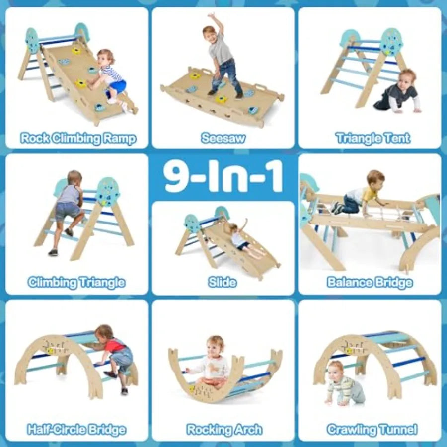 Pikler Triangle Set 9-in-1 Foldable Baby Climbing Toys Wood Montessori Climbing Set for Learning and Motor Skills Indoo