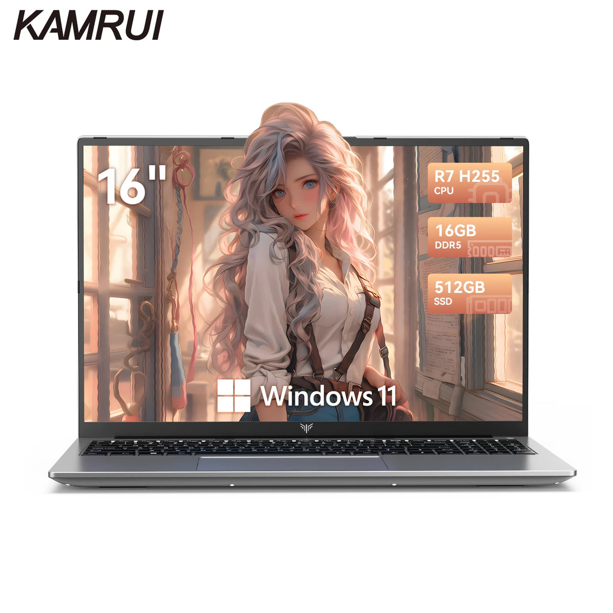 KAMRUI Laptop Computer AMD Ryzen7 H255 Windows Laptop 16 in IPS 16GB DDR5 512GB NVMe SSD Backlit & Numeric Keyboard Wifi6 BT5.2