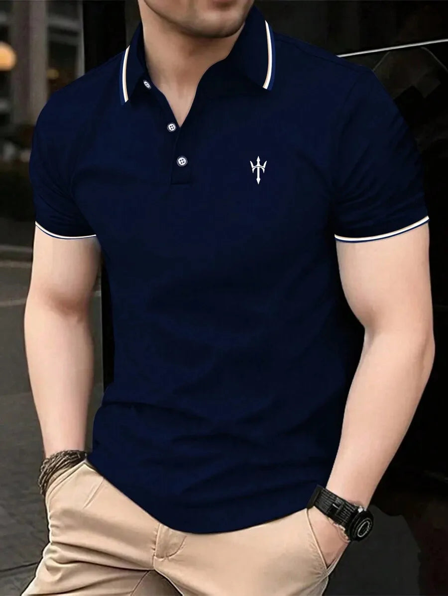 Men's Navy Blue Casual Short Sleeve Polo Shirt with Contrast Trim