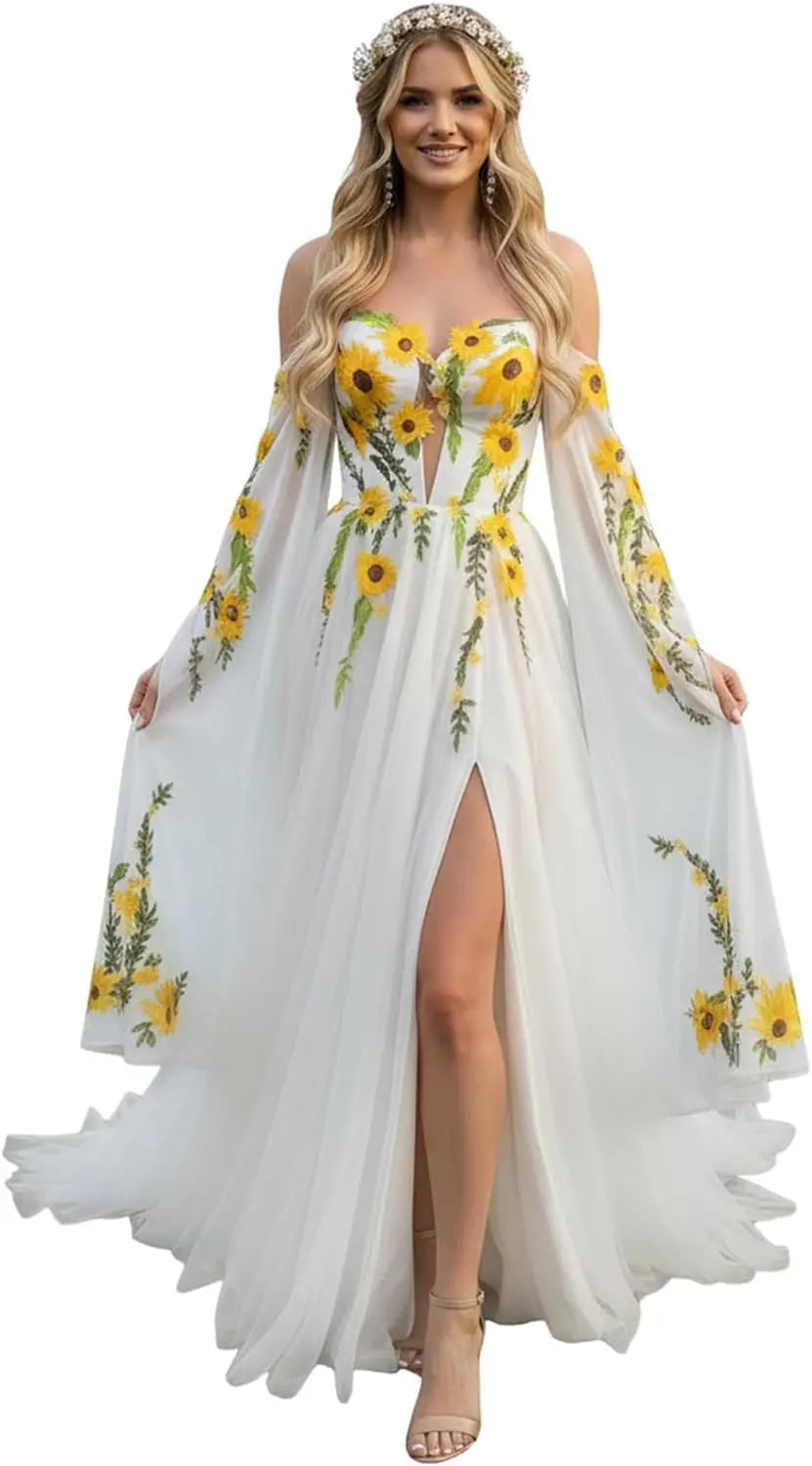 Off Shoulder Sunflower Embroidered Wedding Dresses for Women A-Line Chiffon Cape Sleeves Bohemian Bridal Gowns