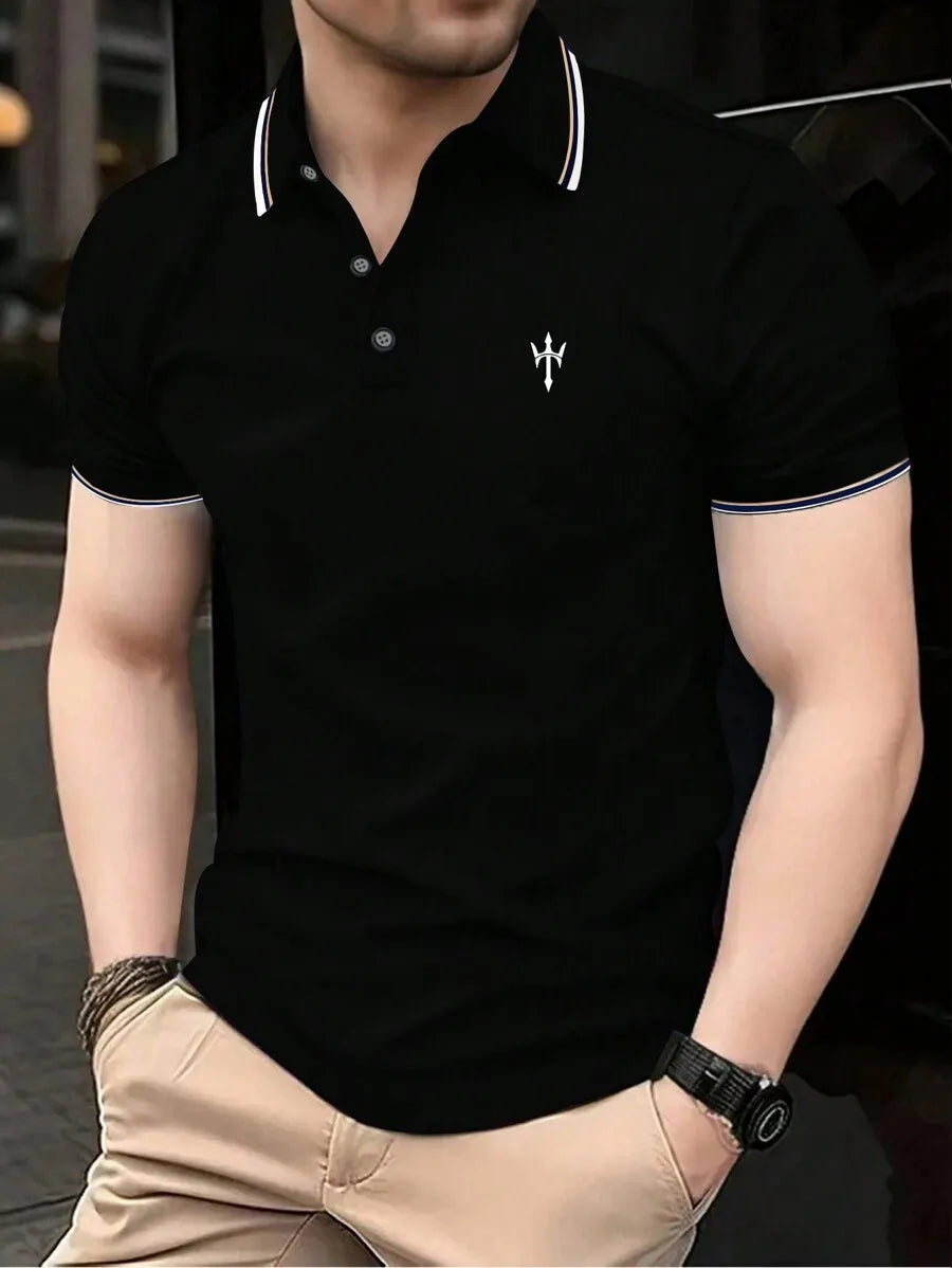 Men's Navy Blue Casual Short Sleeve Polo Shirt with Contrast Trim