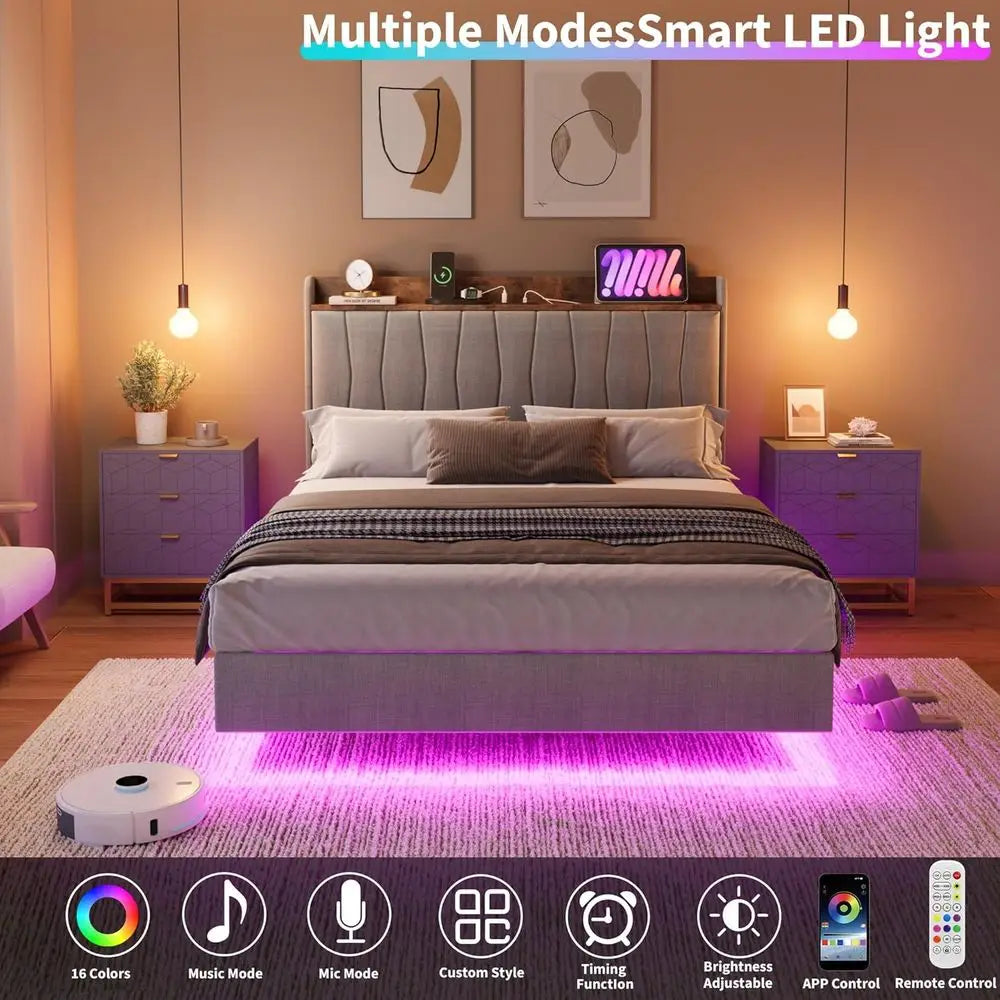 GarveeHome loating Bed e King with LED Lights & USB Charging Station – ern Upholstered Platorm Bed with board, Solid Wood Slats