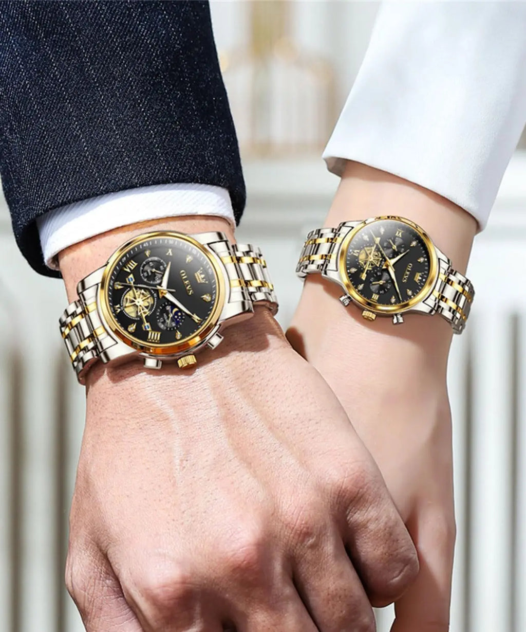 His and Her Matching Couple Watches with Diamond Accents, Romantic Valentine's Gift Set for Men and Women