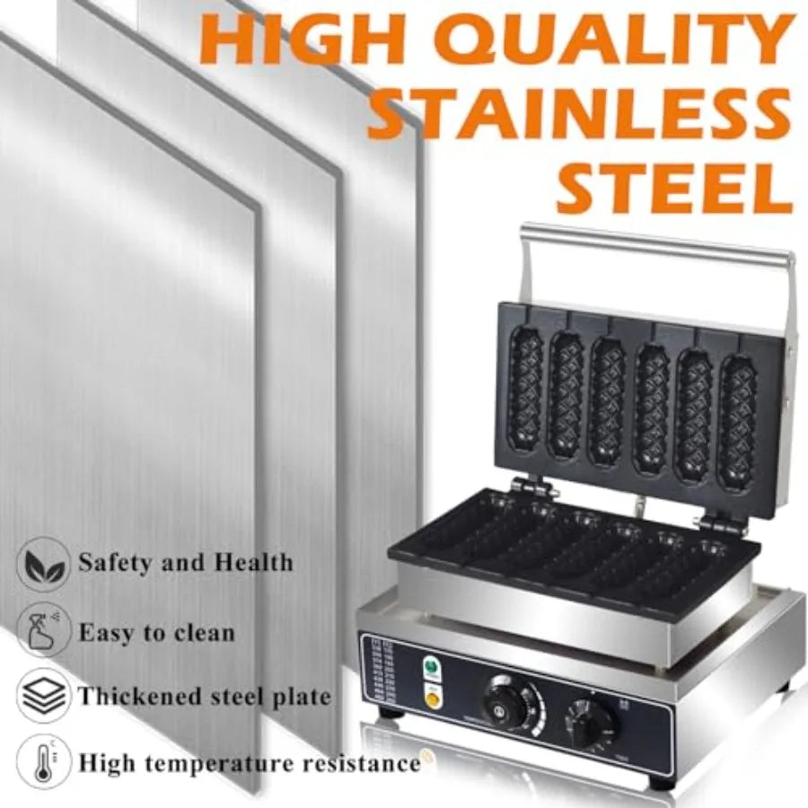 Commercial 1600W Corn Dog Waffle Maker 6-Slice Non-Stick Stainless Steel Hot Dog Waffle Iron with Temperature and Time Control