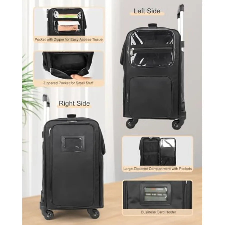 Rolling Makeup Train Case for Hairstylists with 4 Wheels Heat Insulation Full Layer Adjustable Dividers Hair Tools and Cosmetic