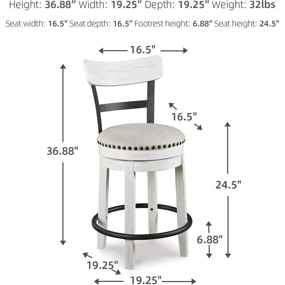 Valebeck | ern Swivel 24.5" Counter Height Barstool – Rustic-Industrial Whitewash, Upholstered Cushion, 360° Swivel, NailTrim