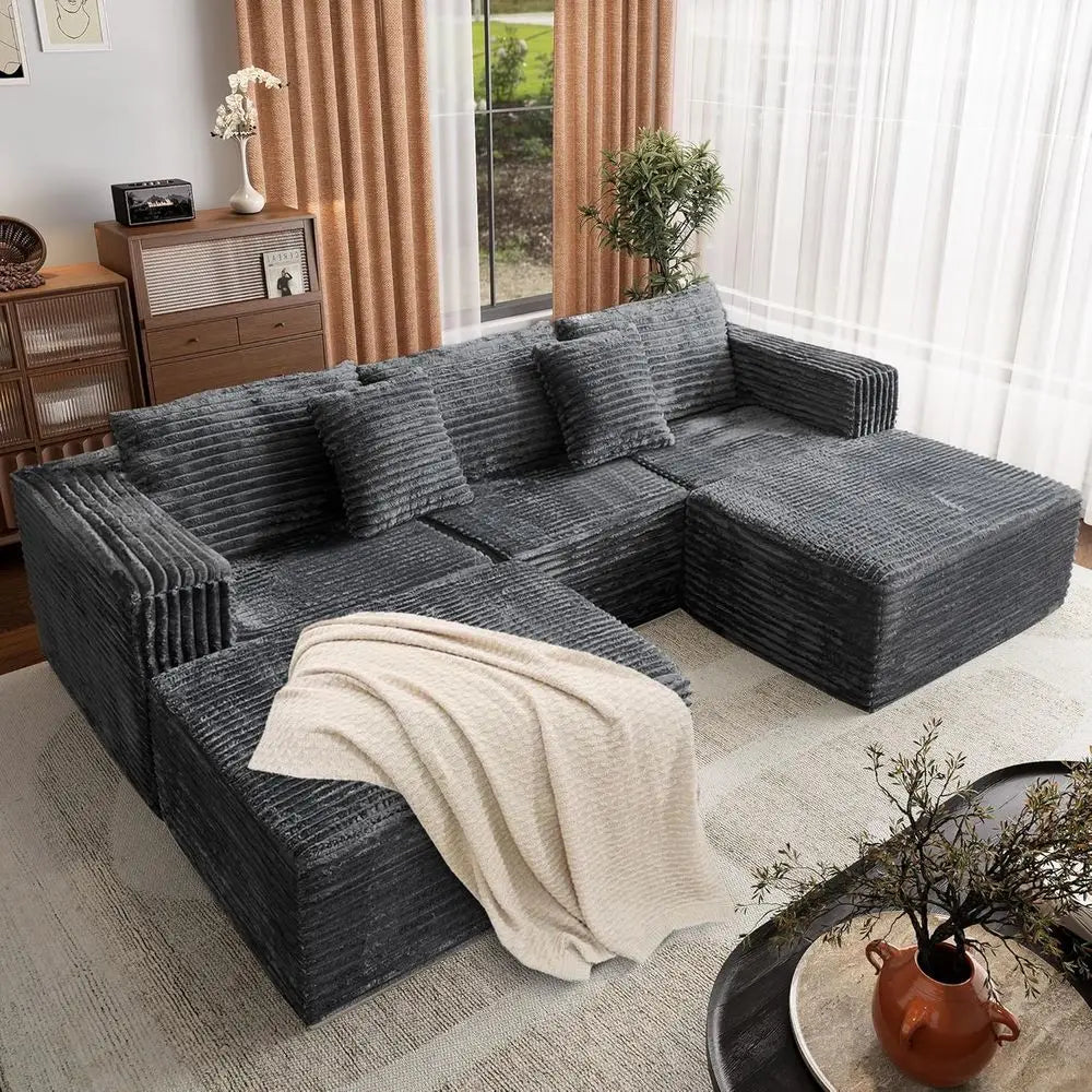 Gray 110 Corduroy Sectional Sofa with 2 Ottomans, Convertible Cloud Couch, Deep Seating, Memory Foam Living Room Furniture, No A