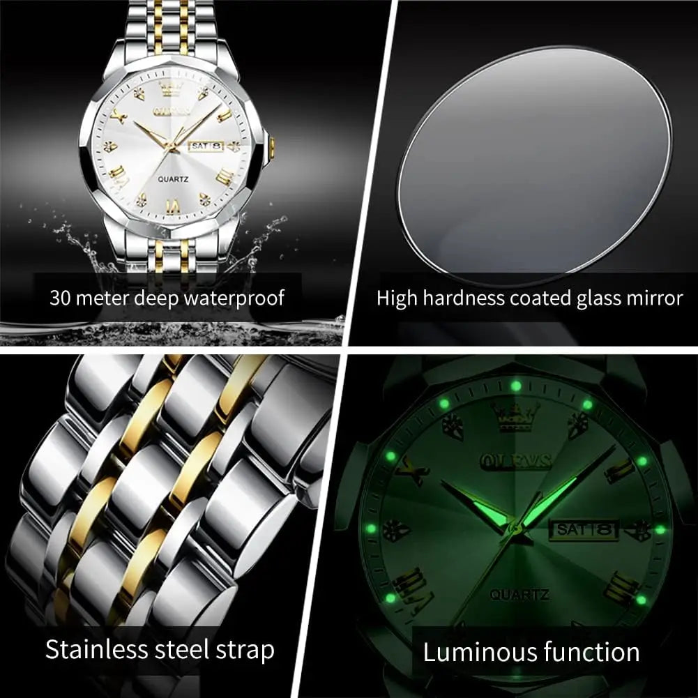 Valentine's Couple Watches Set, Luminous Calendar Date, 3ATM Waterproof Stainless Steel for Men and Women Romantic Gifts