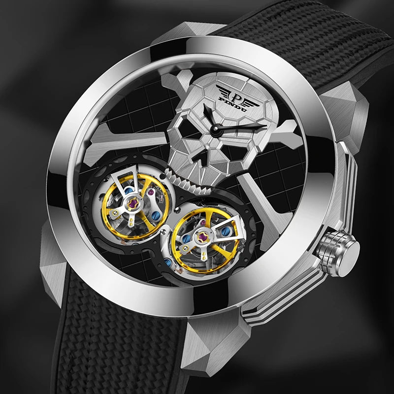 PINDU Punk Skull Double Flywheel Design Sapphire Man Watch Hollow Automatic Mechanical Waterproof Men's Automatic Wristwatch Men