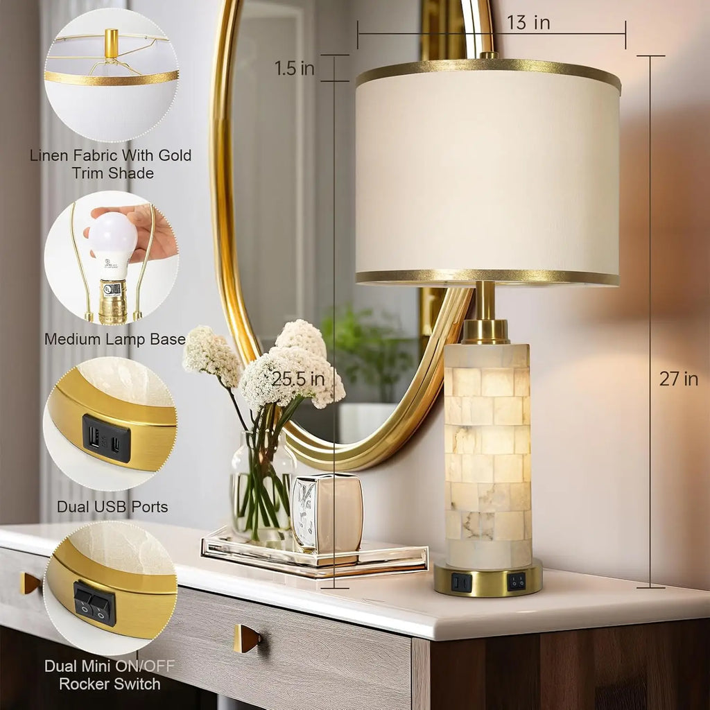 Set of 2 Modern Table Lamps with USB Ports and Night Light, Alabaster Design for Living Room or Bedroom