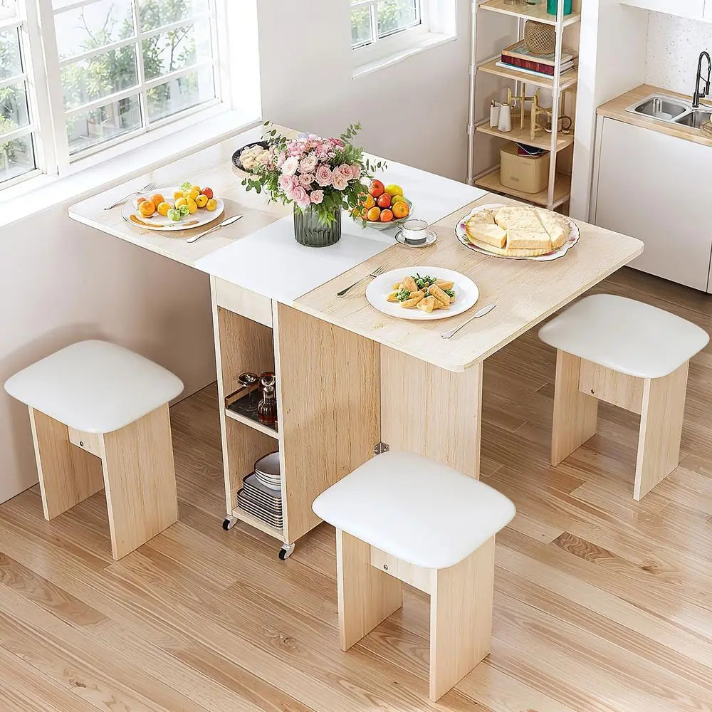 Foldable Dining Table Set for 4,Folding Dining Table with 4 Leather Chairs amp Storage,Drop Leaf Dinner Table with 6 Wheels,Fold