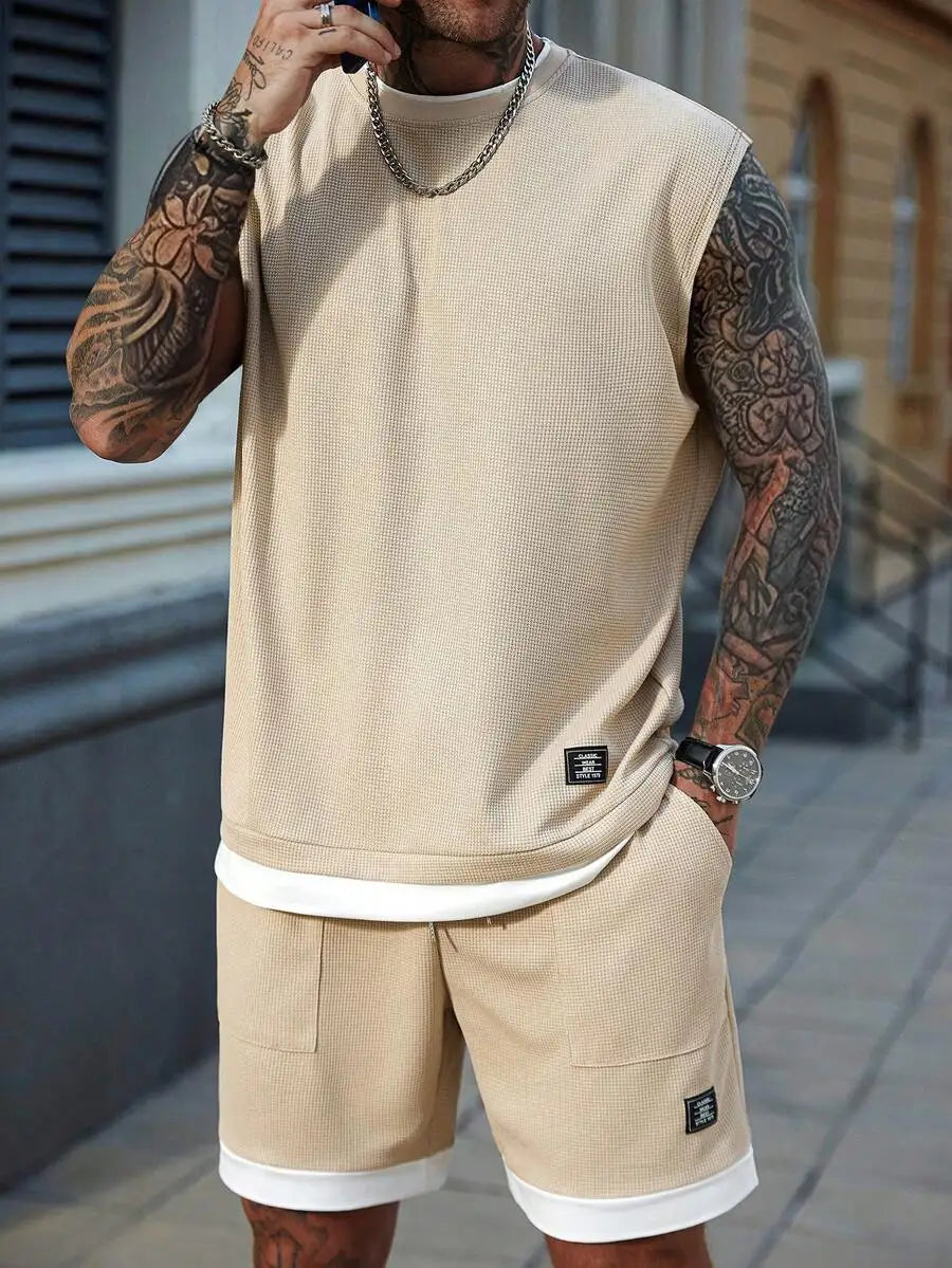 Beige Waffle Knit Sleeveless Tank Top and Shorts Set for Men, Casual Summer Two-Piece Outfit
