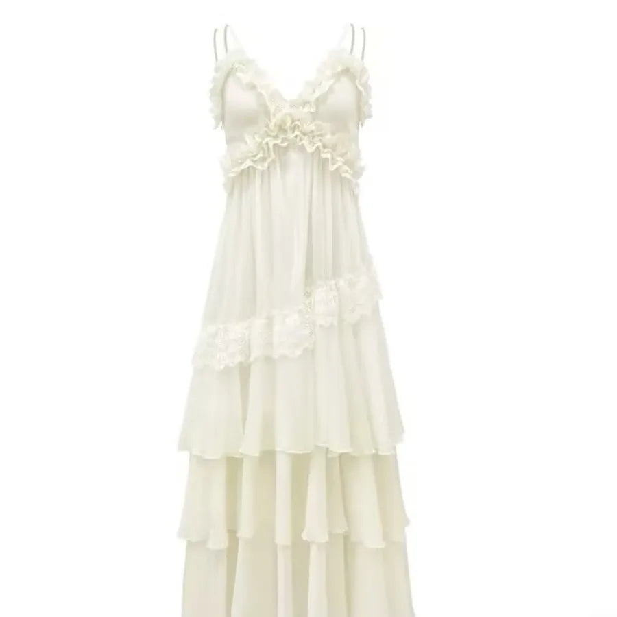 【New style】Seaside beach temperament dress suspender vacation dress beige sexy backless fairy summer mopping atmosphere