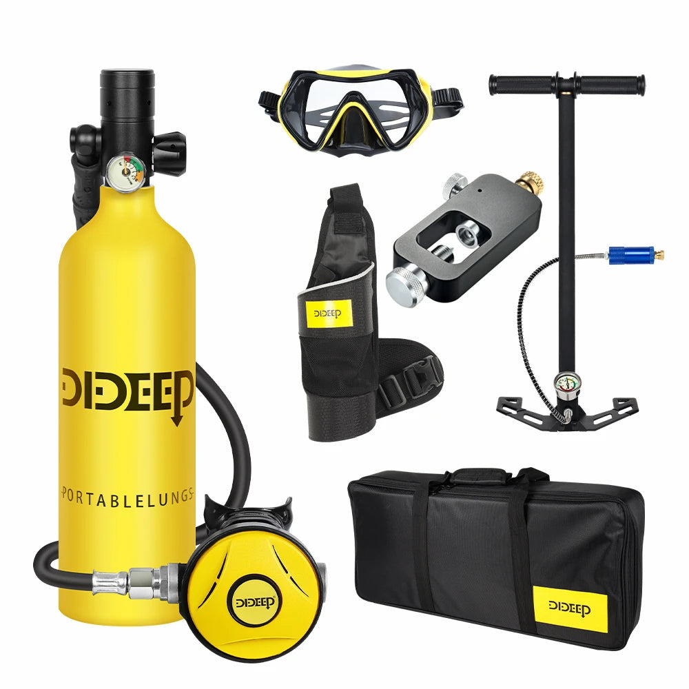 DIDEEP 1Liter Mini Scuba Diving Tank Set, 15-20Mins Underwater Diving Cylinder with Hand Pump，Portable Lungs Gear with 3000 PSI