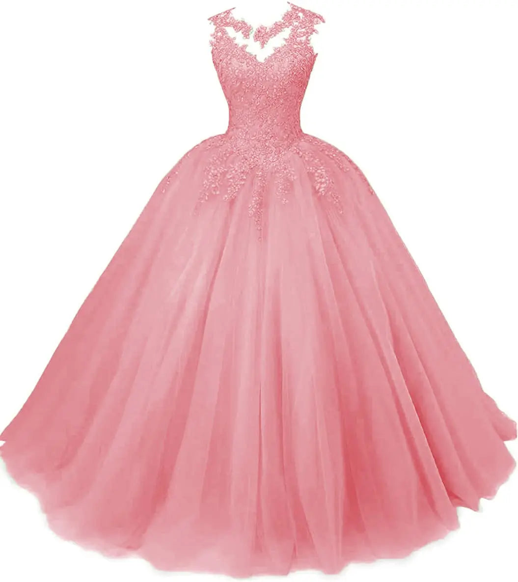 Women's Beaded Appliques Prom Dress Long Ball Gown Quinceanera Dresses Tulle Formal Sweet 16 Dress for Teens
