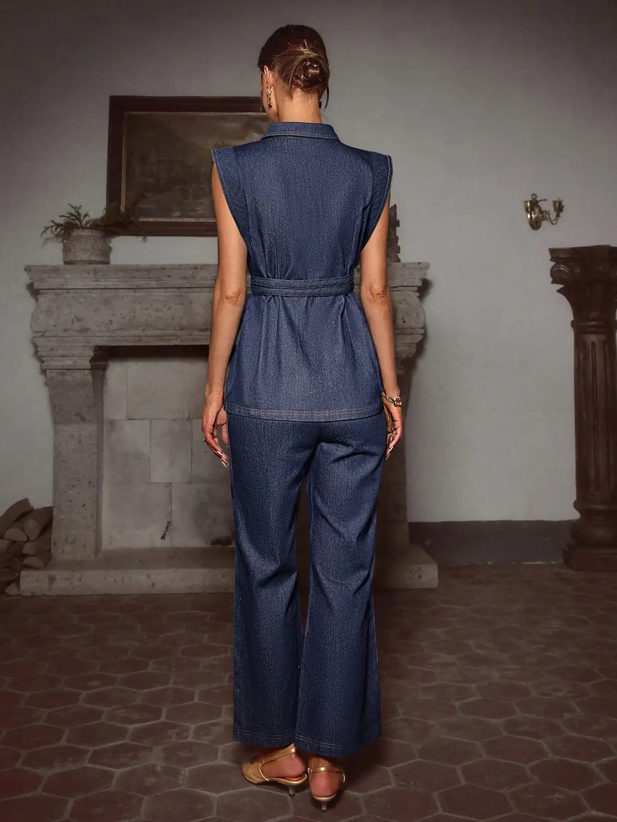 Women's Sleeveless Denim Top With Belted Wide Leg Pants Set Casual Loose Fit