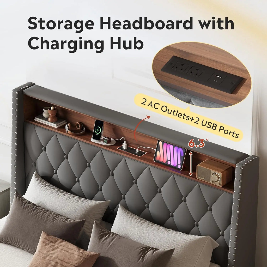 Upholstered Bed Frame with Tall Wingback Headboard, Velvet Square Tufted Platform Beds with Charging Station, Customized