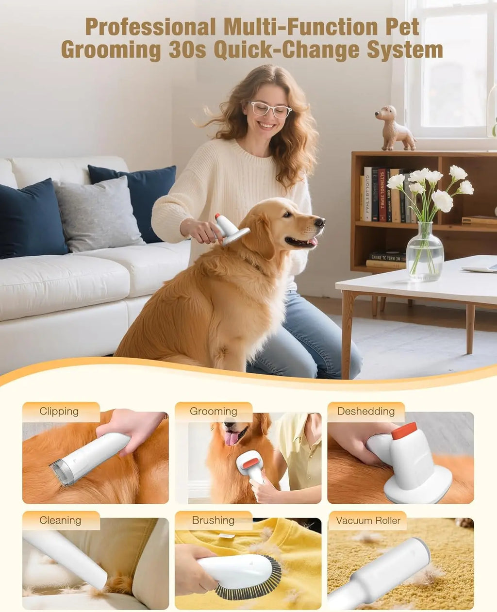 5-in-1 Pet Grooming Vacuum Kit with Low Noise Trimmer, 2.5L Dust Cup, 3 Suction Modes & 5 Tools for Dogs, Cats