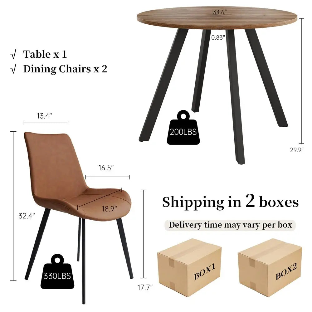 Dining Table and Chairs for 2, Mid Century Modern Round Table Set, Space Saving for Apartment Kitchen Dining Room Walnut Table2
